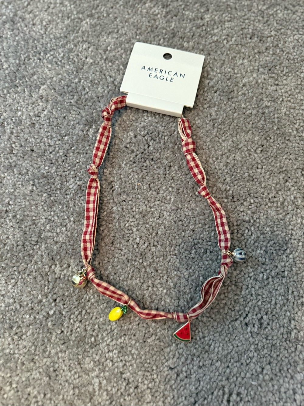 American Eagle Outfitters Red Gingham Ribbon Necklace with Fruit Charms